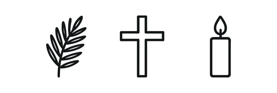 minimal black outline icons palm leaf cross candle minimal Easter set