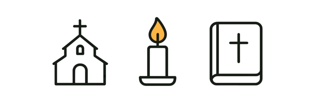 minimal icons church building black outline candle colored warm bible black outline clean contour