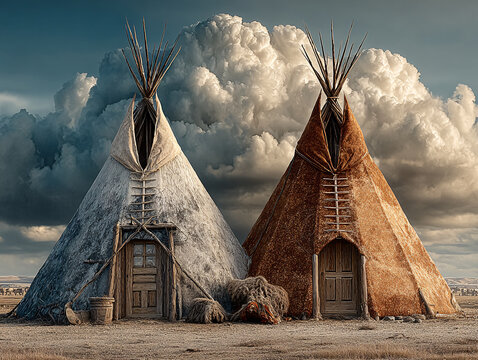 traditional Native American tipi tents set against a dramatic sky filled with large, fluffy clouds. The grassy landscape and the rustic appearance of the tipis create a serene