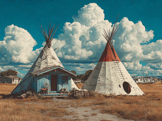 traditional Native American tipi tents set against a dramatic sky filled with large, fluffy clouds. The grassy landscape and the rustic appearance of the tipis create a serene