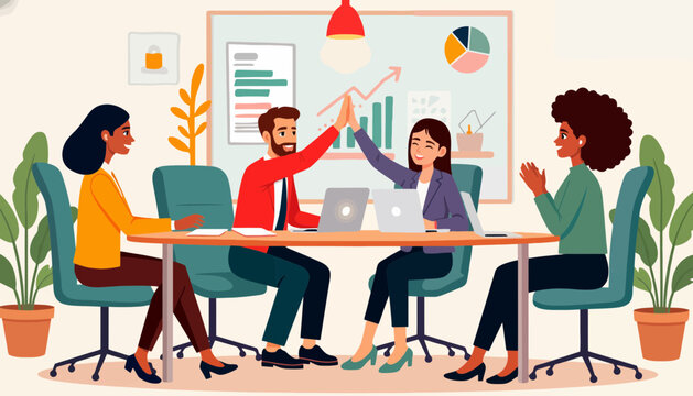 A team of four professionals celebrating a successful project with a high five in a modern office setting.