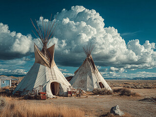 traditional Native American tipi tents set against a dramatic sky filled with large, fluffy clouds. The grassy landscape and the rustic appearance of the tipis create a serene