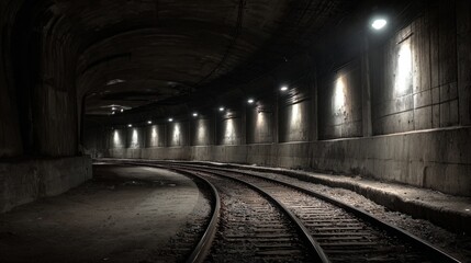 Obraz premium Dark and Mysterious Railway Tunnel with Soft Lighting and Curving Tracks in an Abandoned Space