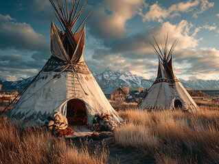 traditional Native American tipi tents set against a dramatic sky filled with large, fluffy clouds. The grassy landscape and the rustic appearance of the tipis create a serene