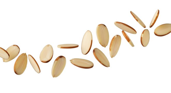Almond sliced floating on white background perfect for representing healthy snack ingredient for salads baking or as protein source food 195