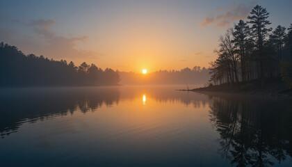 Fototapeta premium Sunrise reflecting on a misty lake surrounded by trees