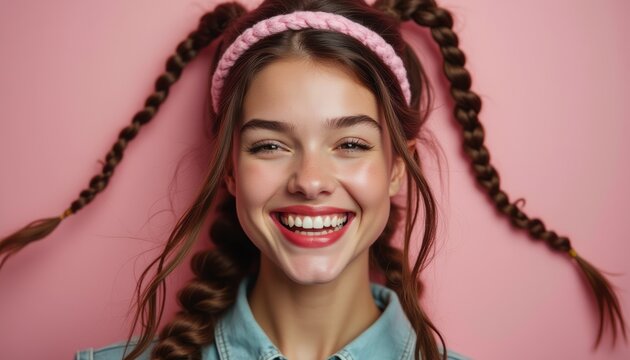 Joyful girl with braided hair and a pink headband