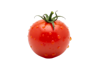 Vibrant red tomato with water drops and green stem isolated isolated on transparent background