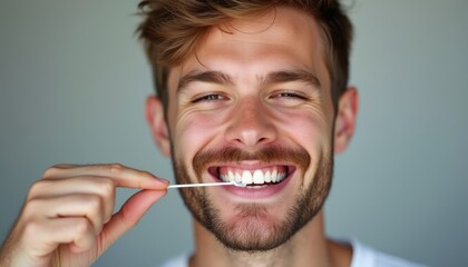Smiling man using a toothpick to showcase his bright smile
