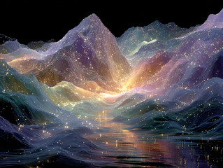 surreal landscape with mountain ranges covered in glowing particles, creating a dreamlike, otherworldly effect. The scene is illuminated by a bright, ethereal light emanating from the peaks