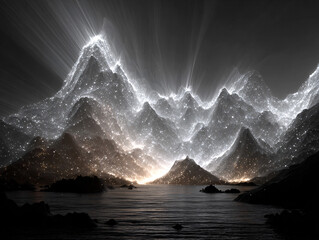 surreal landscape with mountain ranges covered in glowing particles, creating a dreamlike, otherworldly effect. The scene is illuminated by a bright, ethereal light emanating from the peaks