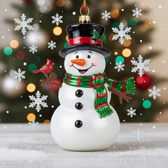Cheerful snowman ornament with a red-green scarf, black top hat and a red bird. Falling snowflakes and festive bokeh lights create a bright holiday mood.