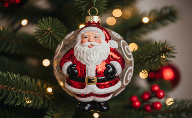 Santa ornament hanging on a decorated Christmas tree. Cheerful red-suit Santa in a glass bauble, warm bokeh lights and green branches create a cozy festive mood.