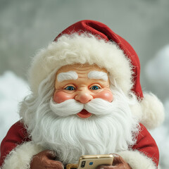 Santa ornament with a fluffy beard, rosy cheeks and a cheerful smile, holding a smartphone. Cloud-painted base and soft snowy background create a playful festive feel.