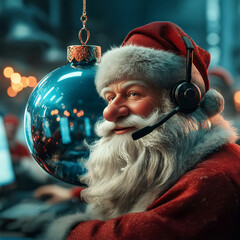 Santa ornament with a round bauble body, fluffy hat, blue-red suit and headset. Joyful expression, warm bokeh lights and gifts create a cozy festive vibe.