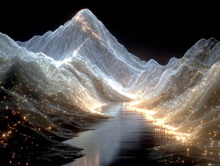 surreal landscape with mountain ranges covered in glowing particles, creating a dreamlike, otherworldly effect. The scene is illuminated by a bright, ethereal light emanating from the peaks