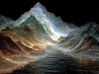 surreal landscape with mountain ranges covered in glowing particles, creating a dreamlike, otherworldly effect. The scene is illuminated by a bright, ethereal light emanating from the peaks