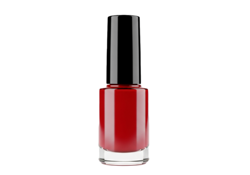 Vibrant red nail polish bottle with black cap on white background isolated on transparent background