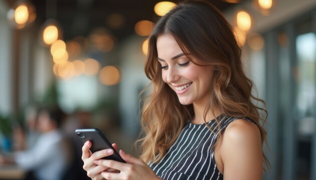 Smiling woman enjoying her smartphone in a cozy café