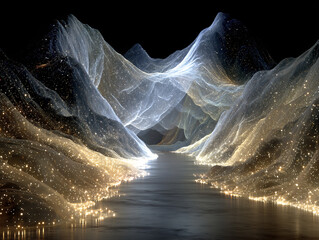 surreal landscape with mountain ranges covered in glowing particles, creating a dreamlike, otherworldly effect. The scene is illuminated by a bright, ethereal light emanating from the peaks