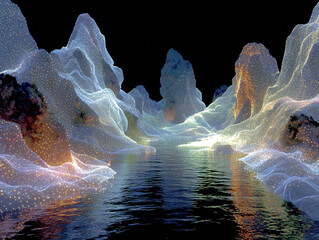 surreal landscape with mountain ranges covered in glowing particles, creating a dreamlike, otherworldly effect. The scene is illuminated by a bright, ethereal light emanating from the peaks