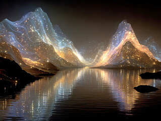 surreal landscape with mountain ranges covered in glowing particles, creating a dreamlike, otherworldly effect. The scene is illuminated by a bright, ethereal light emanating from the peaks