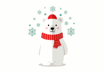 Cartoon polar bear wearing a red scarf and hat surrounded by teal snowflakes on a white background.