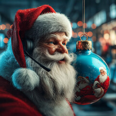 A detailed Christmas-themed image of Santa Claus wearing a headset while working at a computer, symbolizing a holiday customer support or call center.