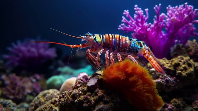 A vivid underwater scene featuring a large, colorful lobster. The lobsters body is adorned with a myriad of patterns and colors, including blues, reds, yellows, and oranges.