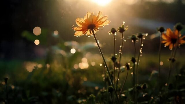 A closeup of a yellow flower with water droplets on it, set against a backdrop of a setting or rising sun. The flower is illuminated by the golden light.