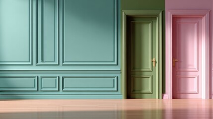 Obraz premium Elegant interior showcasing pastel-colored doors against a textured wall, highlighting modern design aesthetics