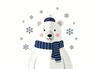 Illustration of a cute polar bear wearing a blue striped scarf and hat, surrounded by snowflakes on a white background. © denijulianto