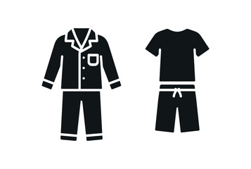 Flat vector illustration two pajama sets black and white solid black icon style sleep essentials theme 2x1 grid equal spacing isolated on white full objects visible