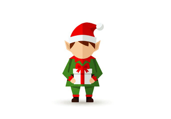 Cartoon illustration of a Christmas elf holding a wrapped gift, wearing a red hat and green suit.
