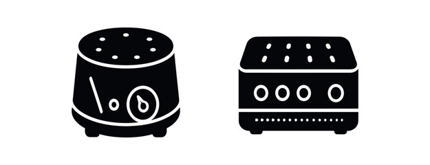 Flat vector illustration two white noise machines black and white solid black icon style sleep essentials theme 2x1 grid equal spacing isolated on white full objects visible