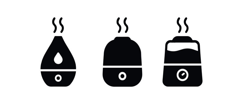 Flat vector illustration three humidifiers black and white solid black icon style sleep essentials theme 3x1 grid equal spacing isolated on white full objects visible