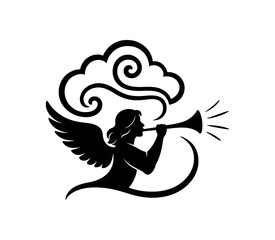 Angel trumpet with cloud swirl black silhouette with curve and sound lines divine message visual