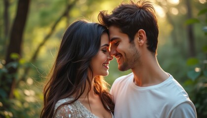 Obraz premium Joyful couple sharing a tender moment in a sunlit forest
