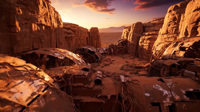 Desert canyon with abandoned ancient machinery at sunset. Rusty mechanical ruins in rocky terrain. Post-apocalyptic landscape digital rendering