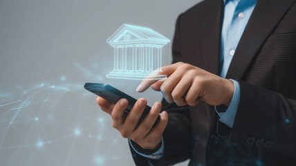 Businessman using smartphone for mobile banking with a digital building icon