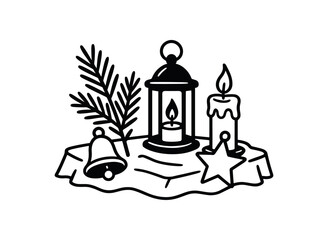 Obraz premium flat vector handdrawn black and white bold clean outlines white background solstice altar evergreen sprig lantern candle bell ornament blank cloth no logos