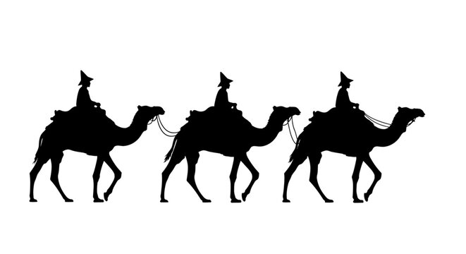 Silhouettes of three wise men riding camels across a desert landscape