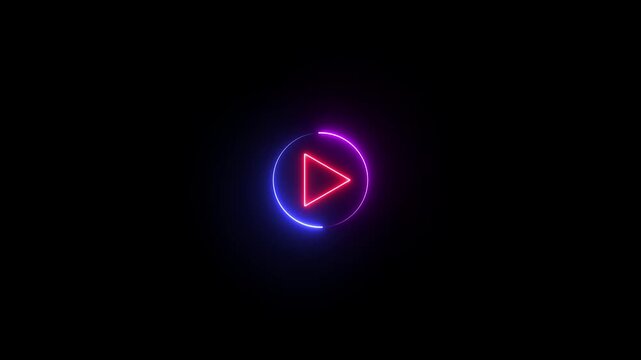 Digital neon video, audio play baton icon animation on black background. Abstract play baton with neon circle .