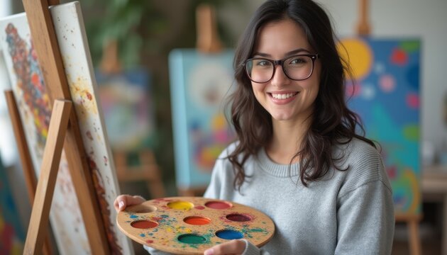 Smiling artist holding a paint palette in a vibrant studio - Powered by Adobe