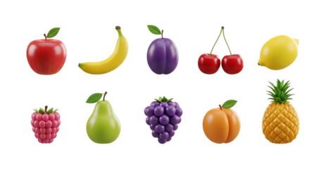 Assorted fresh fruits arranged in a grid pattern isolated on a transparent background