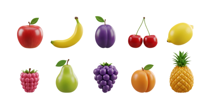 Assorted fresh fruits arranged in a grid pattern isolated on a transparent background