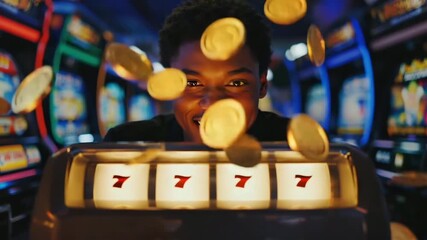 A young African man smiles while playing a slot machine in a casino. Bright lights and colorful machines create an exciting atmosphere.