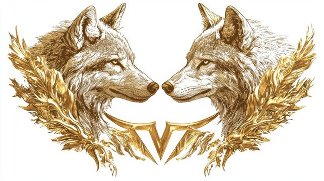 Detailed illustration of two wolves surrounded by decorative elements, symbolizing unity and nature's beauty.