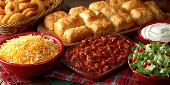 Delicious spread of classic foods with assorted dishes for a feast - Powered by Adobe