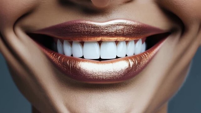 Close-up of a smiling African woman with glossy bronze lipstick and bright white teeth. The background is neutral, emphasizing her joyful expression.